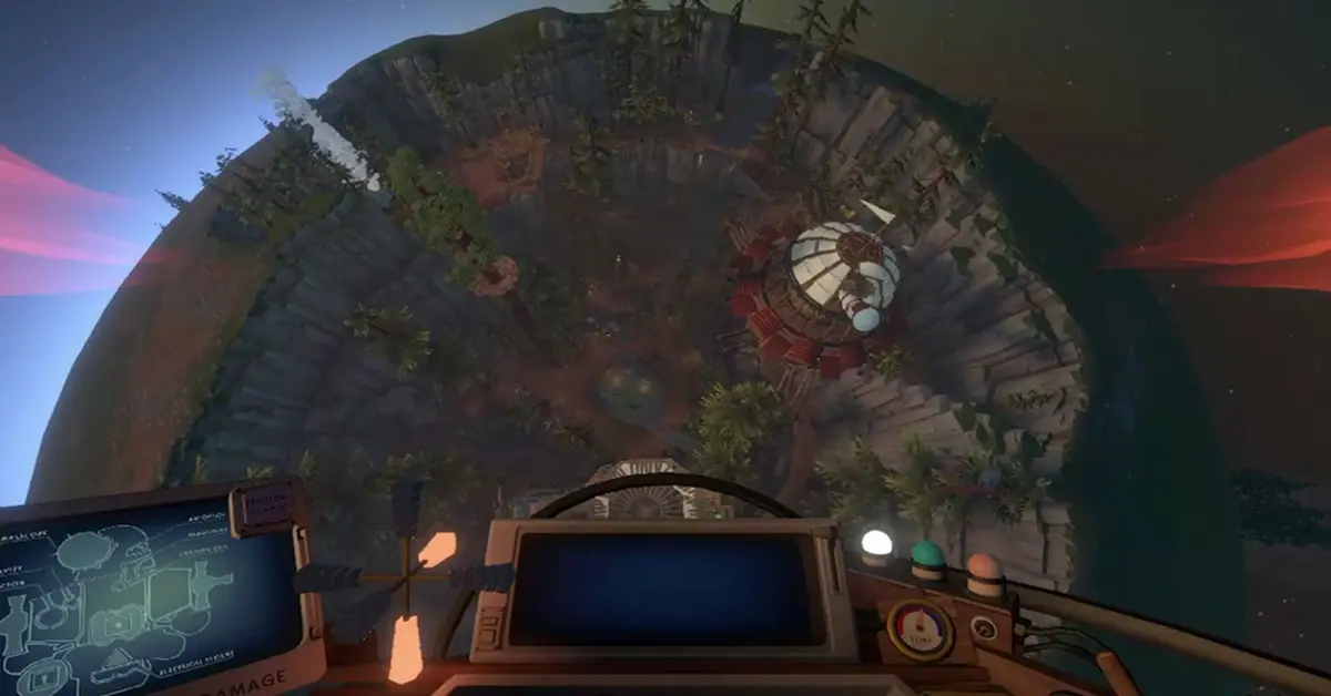 Paisagem de exploração planetária de Outer Wilds.