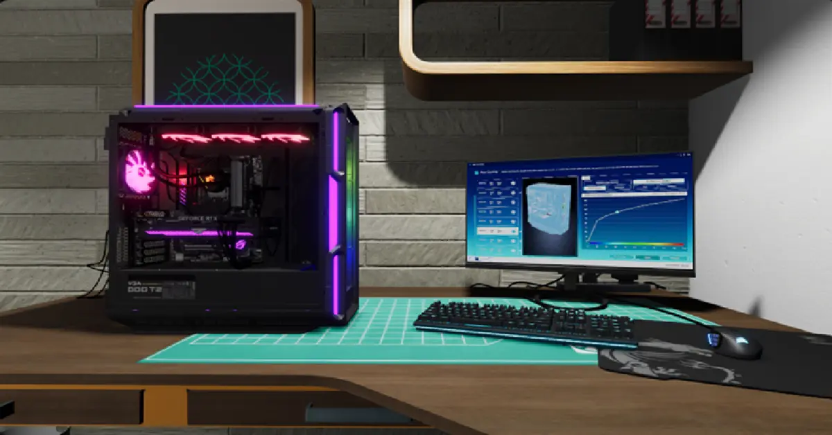 PC gaming montado à medida com iluminação RGB brilhante no PC Building Simulator 2