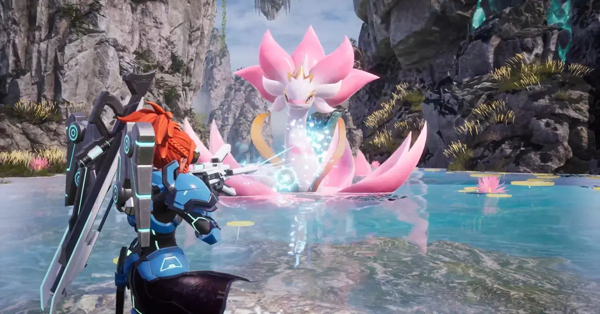 Dois jogadores de Palworld envolvidos numa batalha de arena PvP com Pals de alto nível