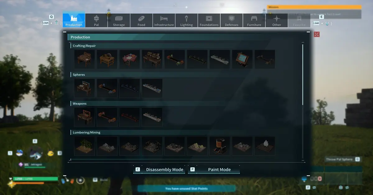 Interface de crafting da base de Palworld mostrando o novo sistema de armazenamento de esquemas.