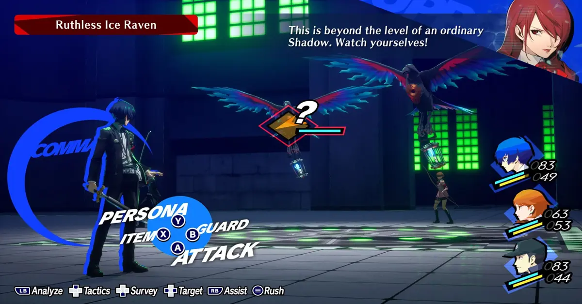 Interface de combate por turnos de Persona 3 Reload mostrando a mecânica 