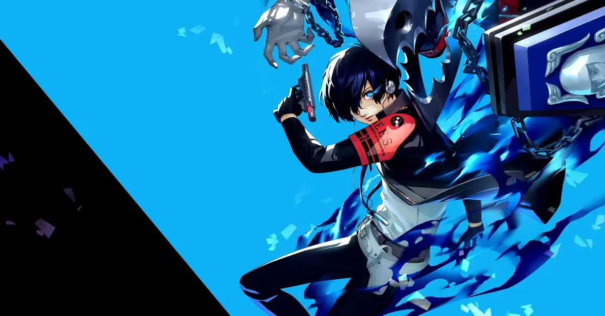 Protagonista de Persona 3 Reload com o seu Evoker num fundo azul estilizado.