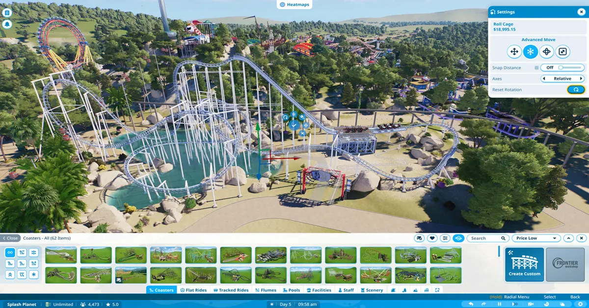 Interface detalhada de gestão de parques em Planet Coaster 2 ou construção de um parque aquático