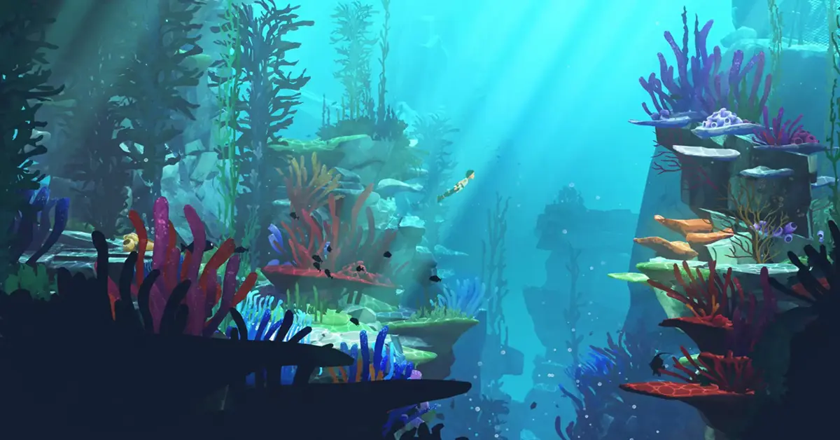 Grande plano de uma nova mecânica de puzzle envolvendo plantas bioluminescentes em Planet of Lana II.