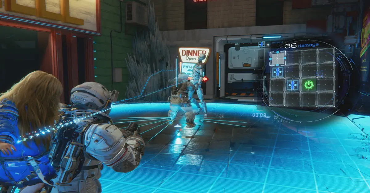 Captura de ecrã do gameplay de Pragmata mostrando combate contra inimigos robóticos num ambiente lunar distorcido.