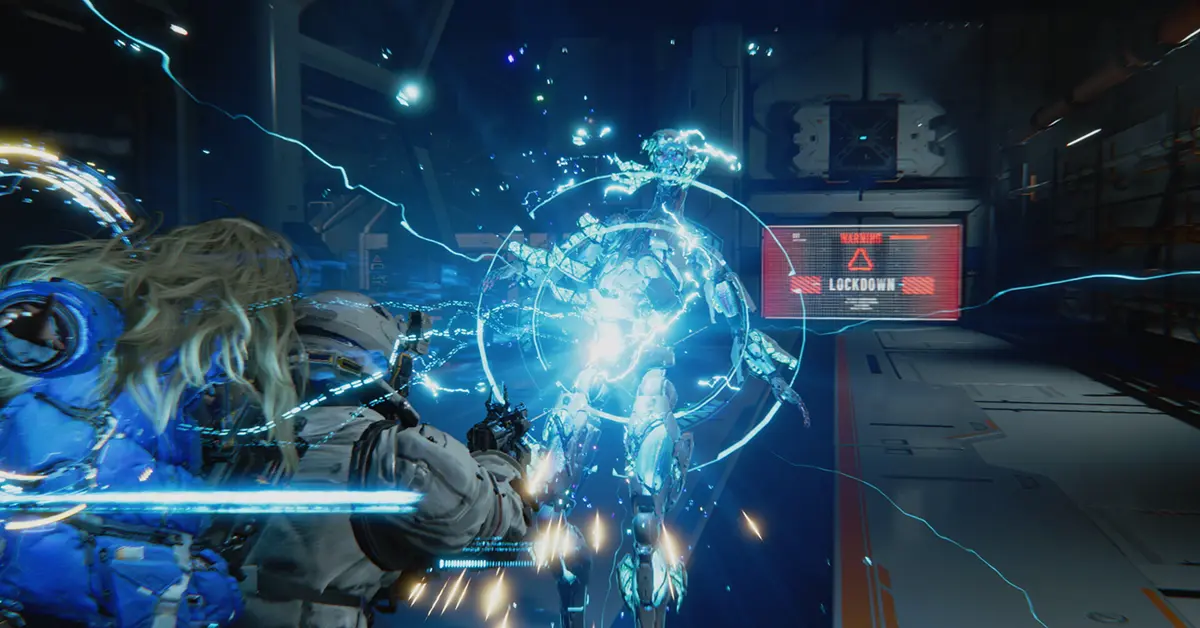 Hugh e Diana interagindo dentro da base lunar controlada pela IA em PRAGMATA.