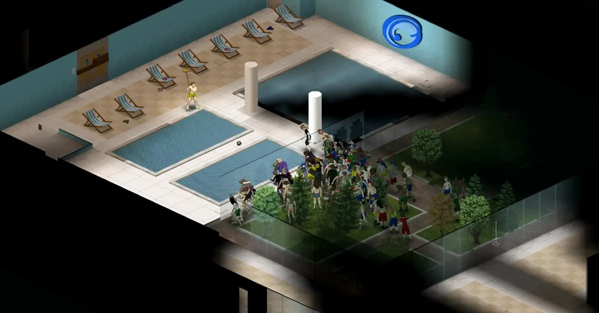 Jogabilidade isométrica de Project Zomboid mostrando mecânicas de sobrevivência num apocalipse zombie