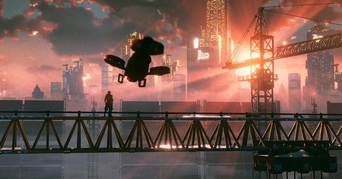 O protagonista de REPLACED, R.E.A.C.H., observando uma cidade distópica em pixel-art durante a noite.