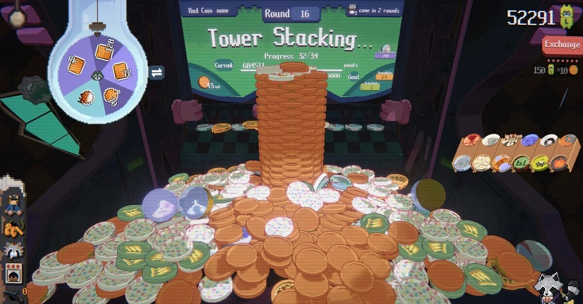 Testa diferentes combinações de itens até encontrares o êxtase absoluto das caóticas torres de moedas.