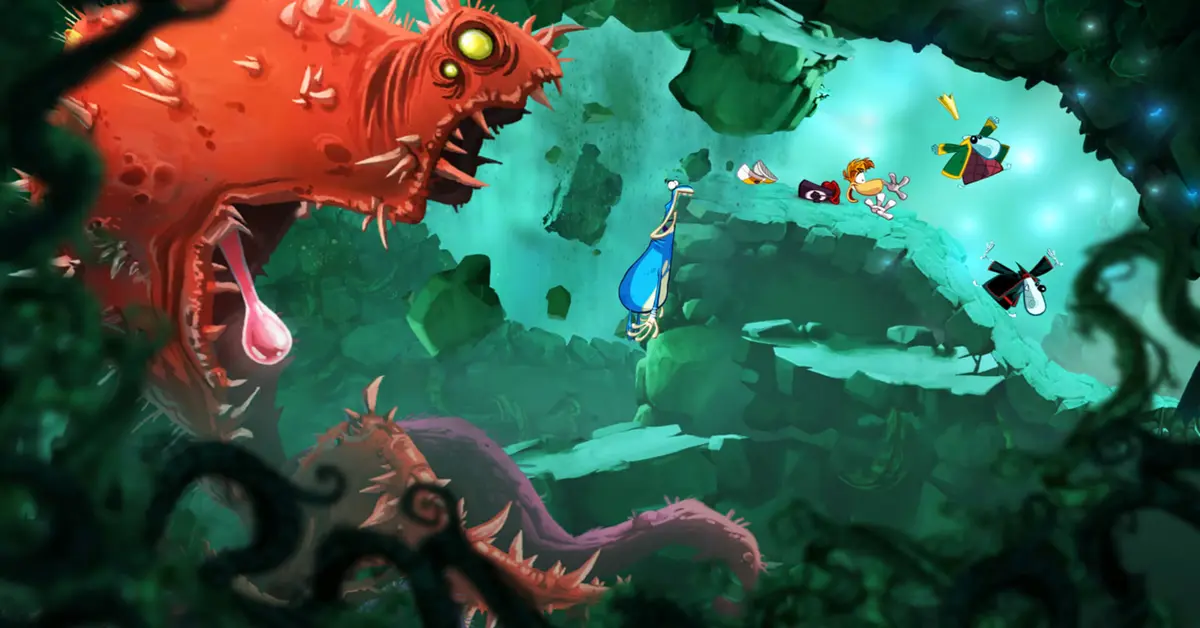 Quatro jogadores a controlar Rayman, Globox e dois Teensies numa sequência de plataformas cooperativa.