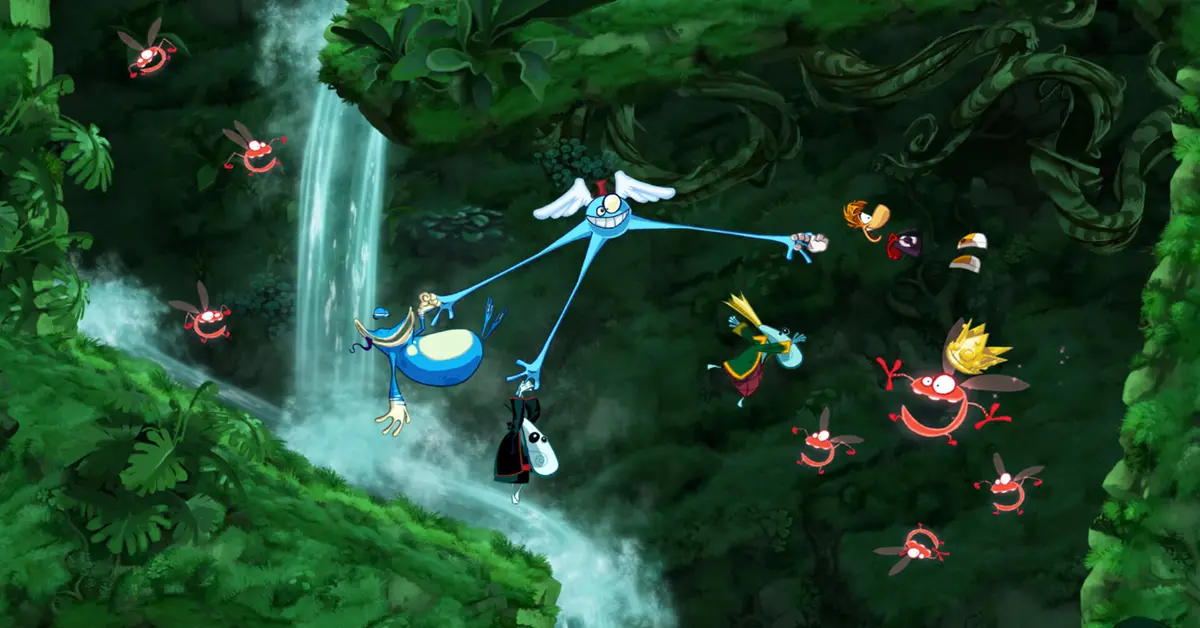 Rayman e Globox a correr através de um ambiente de selva vibrante e colorido em Rayman Origins.