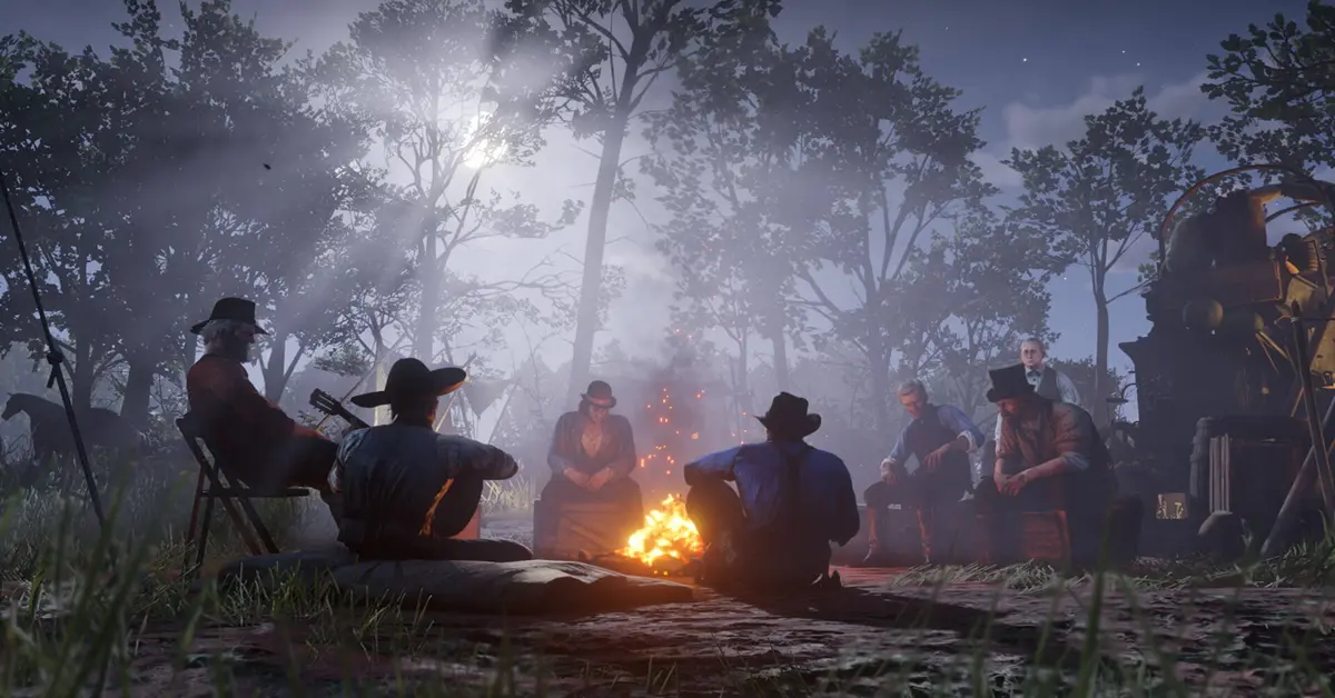Interação detalhada no acampamento em Red Dead Redemption 2.