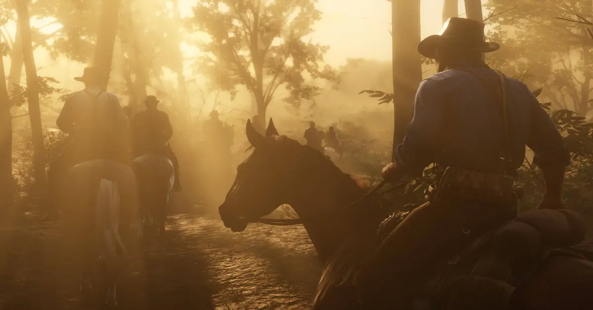 Uma vista detalhada de uma floresta densa com a luz do sol a atravessar as árvores em Red Dead Redemption 2 no PC
