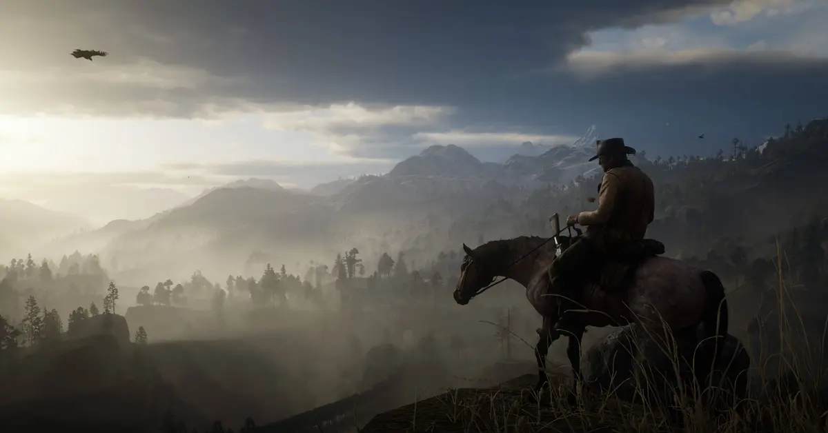 Arthur Morgan montado num cavalo a atravessar uma vasta e cénica paisagem do Velho Oeste em Red Dead Redemption 2