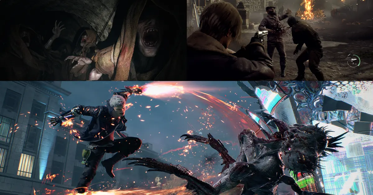 Uma imagem em ecrã dividido que compara momentos de jogo de Resident Evil 4 Remake, Resident Evil Village e Devil May Cry 5