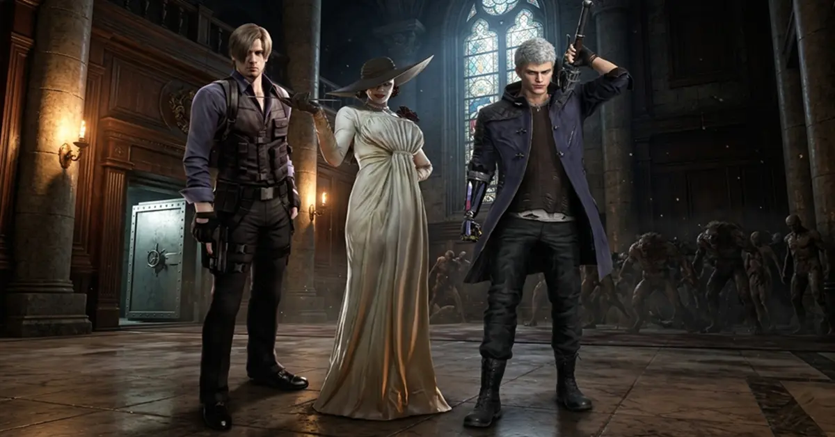 Leon S. Kennedy de Resident Evil 4 Remake ao lado de Lady Dimitrescu de Resident Evil Village e Nero de Devil May Cry 5