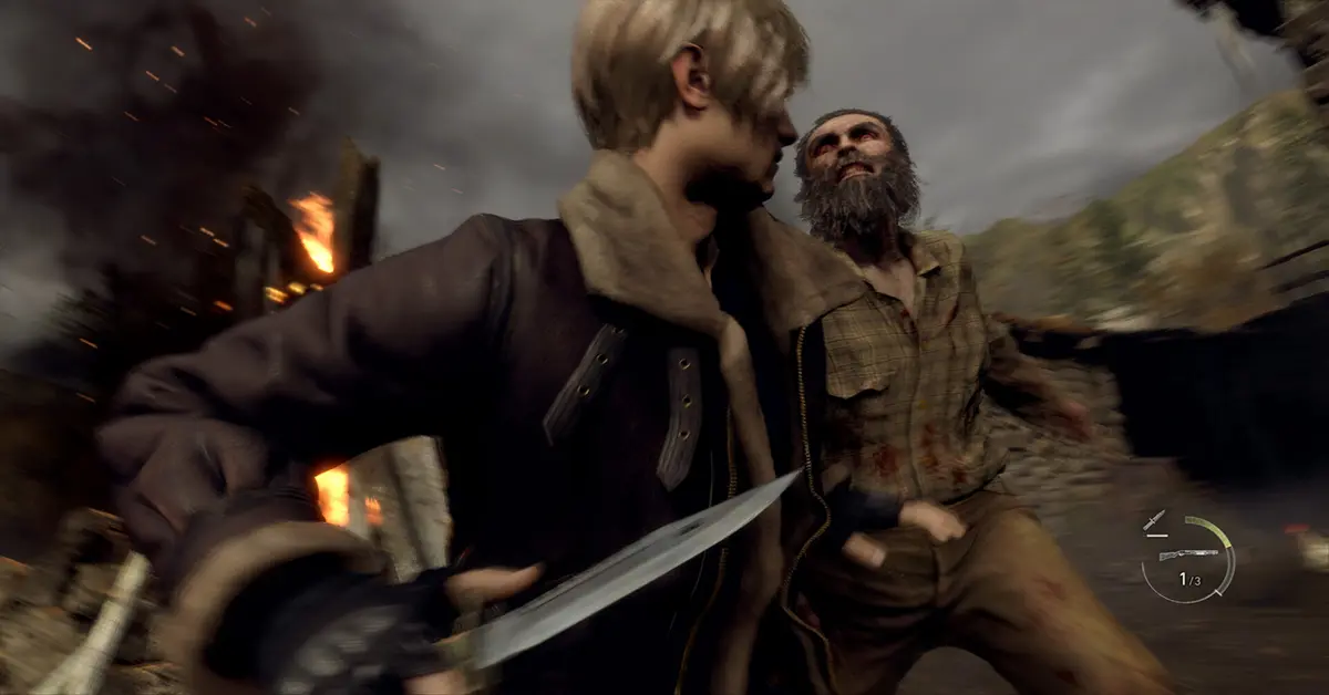 Leon a lutar contra aldeões infetados durante um encontro de combate intenso em Resident Evil 4 Remake