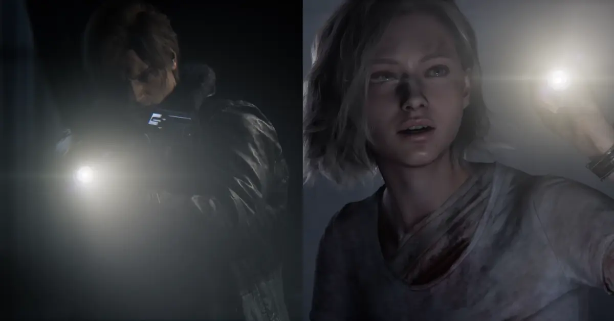 Ecrã dividido mostrando Leon a disparar uma arma e Grace a esconder-se com uma lanterna