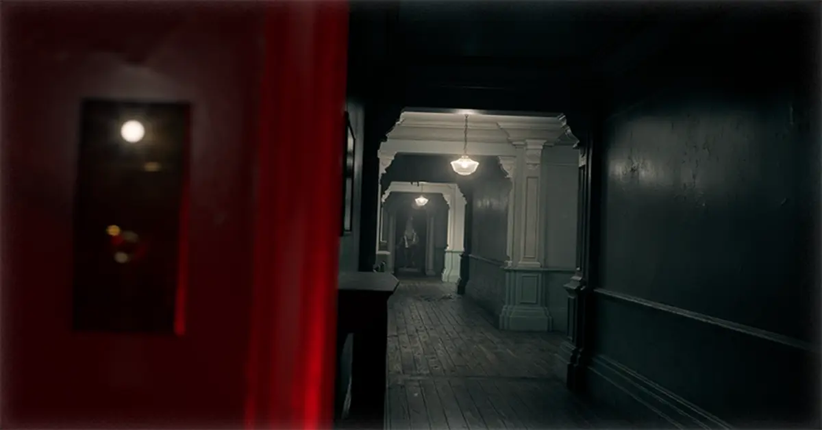 Captura de ecrã da jogabilidade do hotel abandonado em Resident Evil Requiem