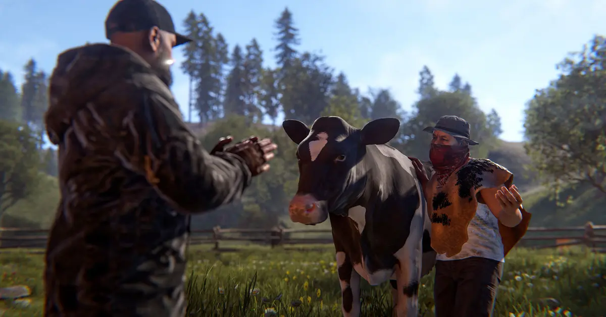 Jogador cuidando de vacas e ovelhas numa base fortificada de Rust durante a atualização Livestock