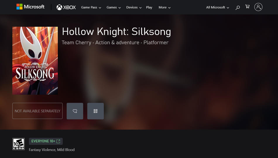 Página da Microsoft Store para Hollow Knight Silksong