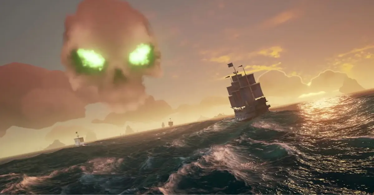 Galeão pirata a navegar no meio de uma tempestade no Sea of Thieves