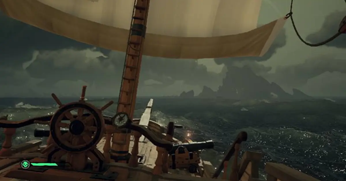 Um galeão a navegar através de uma forte tempestade no Sea of Thieves Edição 2026.