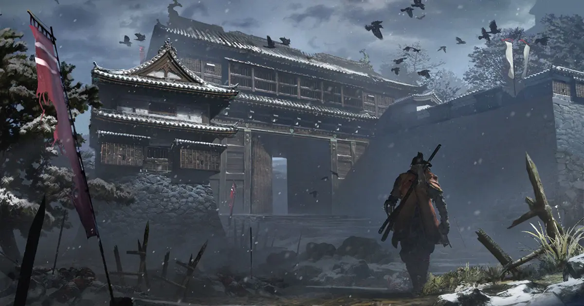O Lobo de pé com a sua katana no cenário do Japão da Era Sengoku em Sekiro Shadows Die Twice