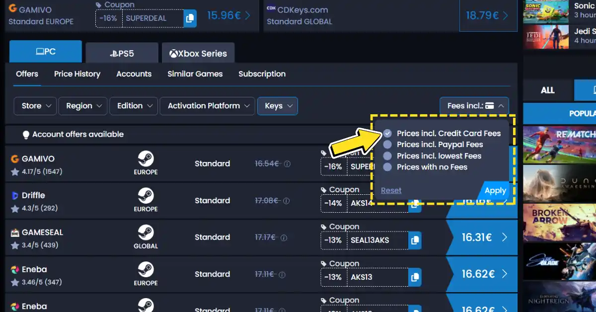 Filtros de taxas da loja Cdkeypt