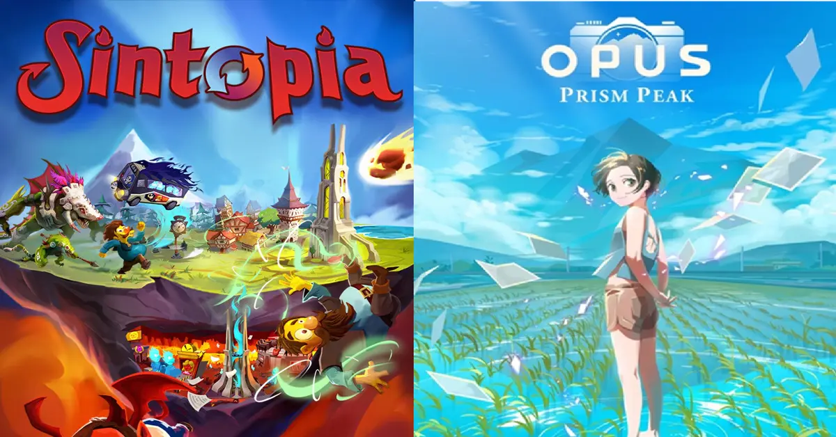Comparação em ecrã dividido da jogabilidade de Sintopia e da paisagem de OPUS Prism Peak.