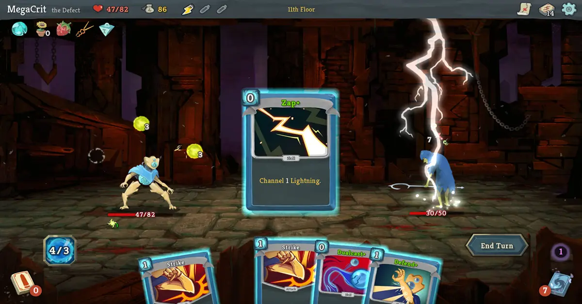 Captura de ecrã de combate no jogo Slay the Spire