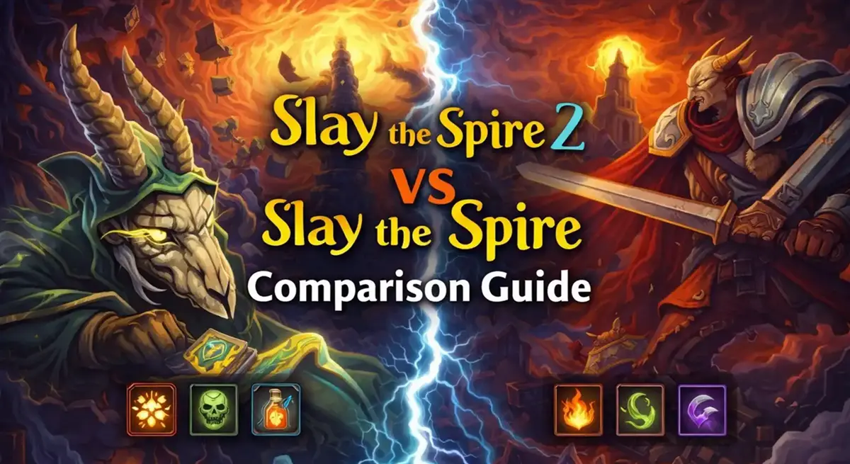 Comparação lado a lado de Slay the Spire 2 e do jogo original destacando as melhorias na interface do utilizador.