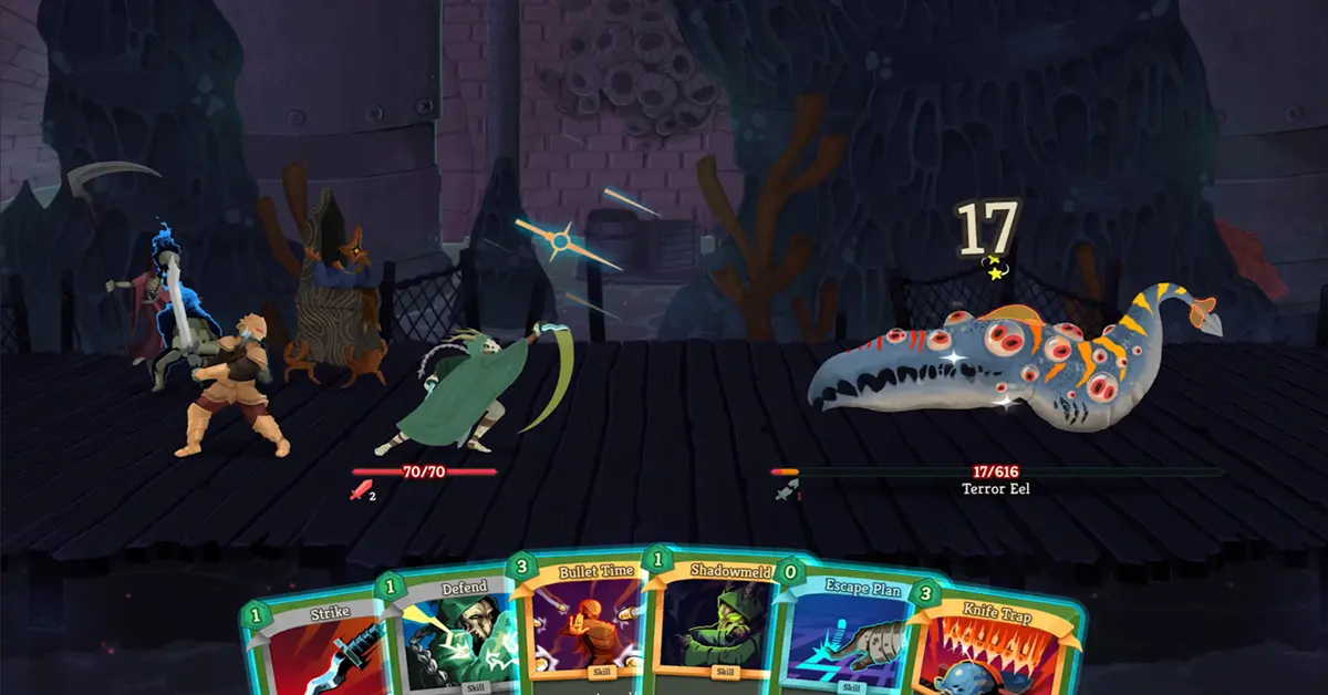 Interface de utilizador de Slay the Spire 2 a mostrar a nova arte provisória ao estilo MS Paint durante uma batalha de cartas.