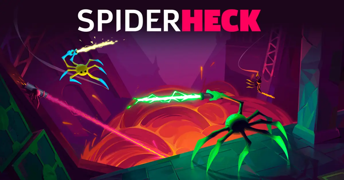 Aranhas de cores néon a lutar com espadas laser numa arena baseada na física em SpiderHeck.