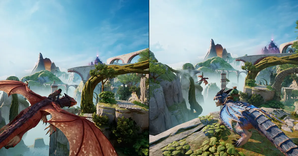 Mio e Zoe a navegar num design vibrante de mundo de fantasia através de mecânicas de ecrã dividido
