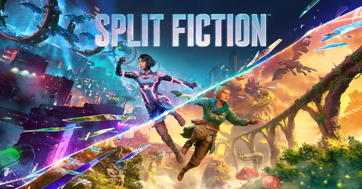 Mio e Zoe de Split Fiction a escapar de um mundo dinâmico de ficção científica e fantasia em visão de ecrã dividido