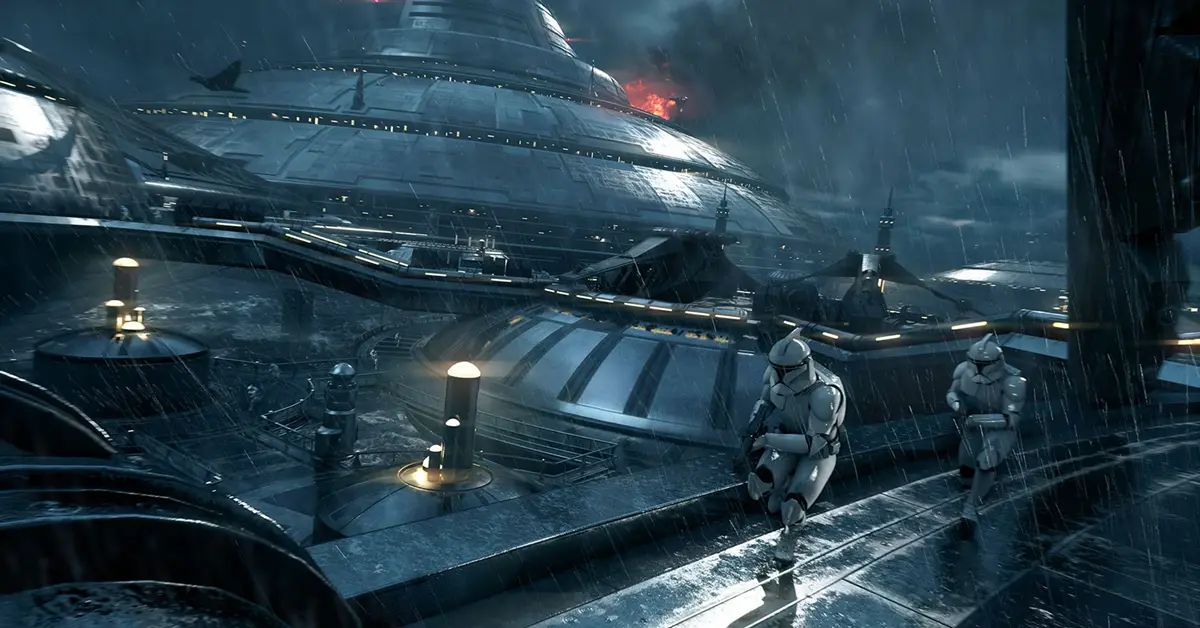 Uma visão detalhada de um Clone Trooper a navegar no mapa multijogador molhado pela chuva de Kamino.