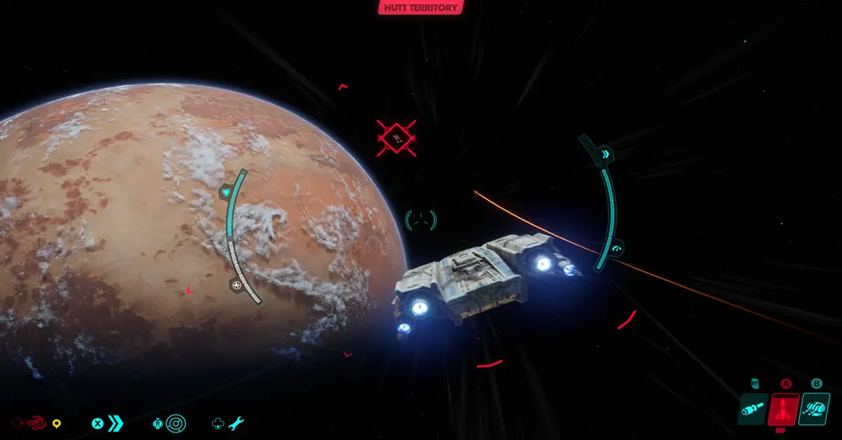 Captura de ecrã do jogo com Kay Vess a pilotar a Trailblazer e a participar em combates de mundo aberto.