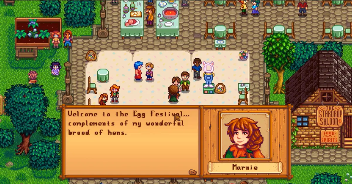 Temporada de primavera vibrante na Vila Pelicanos durante o Festival do Ovo em Stardew Valley