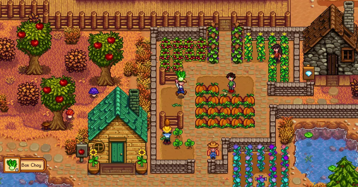 Uma tranquila quinta digital em Stardew Valley, cercada por árvores outonais e abóboras colhidas.