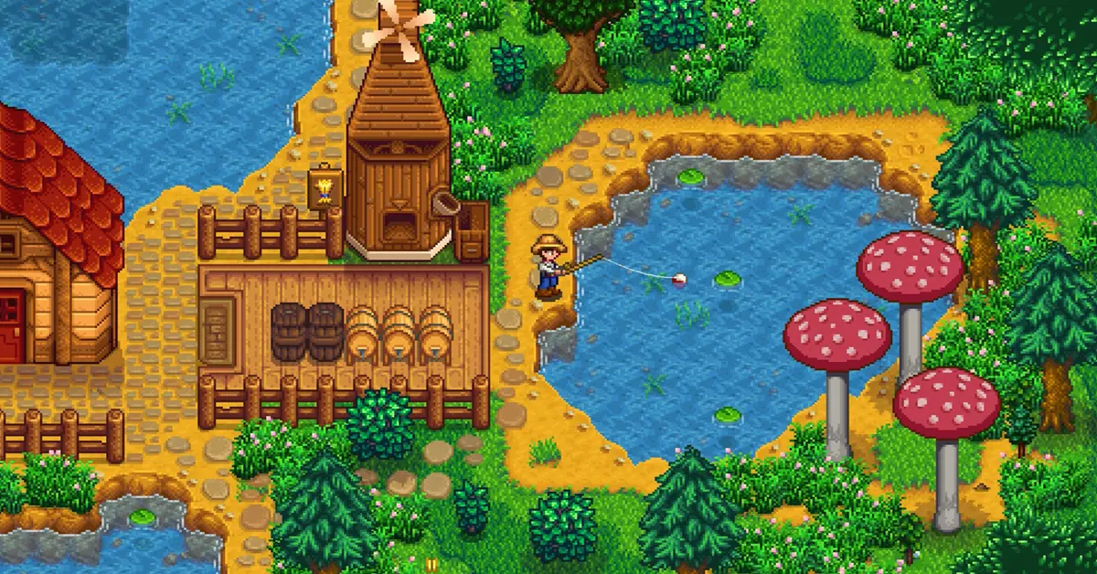 Um personagem a pescar perto do lago da montanha em Stardew Valley durante a primavera.