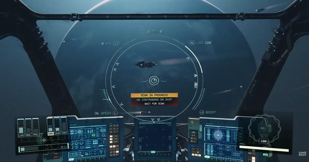 Gameplay de Starfield na PS5 a mostrar uma nave espacial personalizada a orbitar um planeta vibrante com anéis.