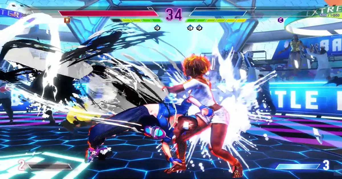 Gameplay de Street Fighter 6 exibindo uma manobra Drive Impact no Battle Hub.
