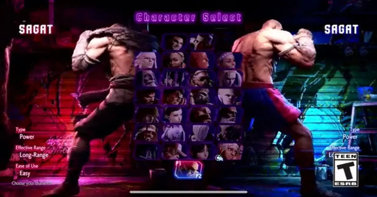 Ecrã de seleção de personagens de Street Fighter 6 mostrando o elenco expandido de DLC