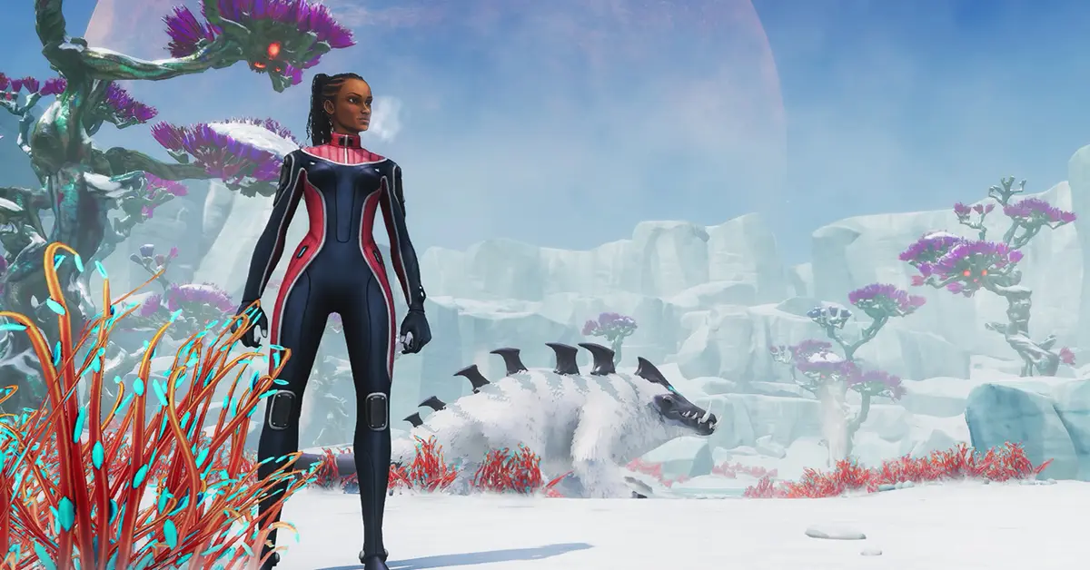 Arte do 5º aniversário de Subnautica: Below Zero mostrando o protagonista numa falésia gelada com vista para um oceano congelado.