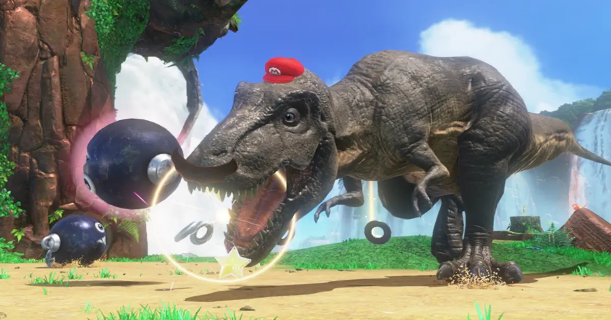 Mario a controlar um T-Rex gigante e realista no pré-histórico Cascade Kingdom, com o Cappy na cabeça.