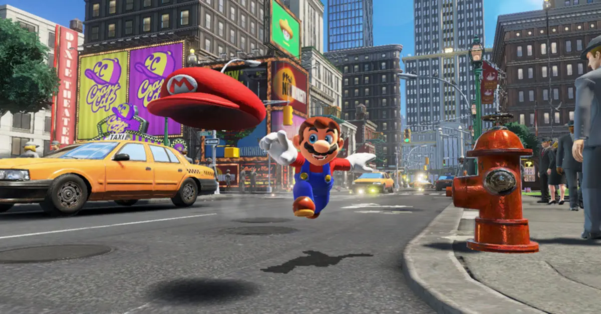 Mario a saltar pelo ar e a lançar o Cappy em direção a um táxi amarelo no movimentado Metro Kingdom.