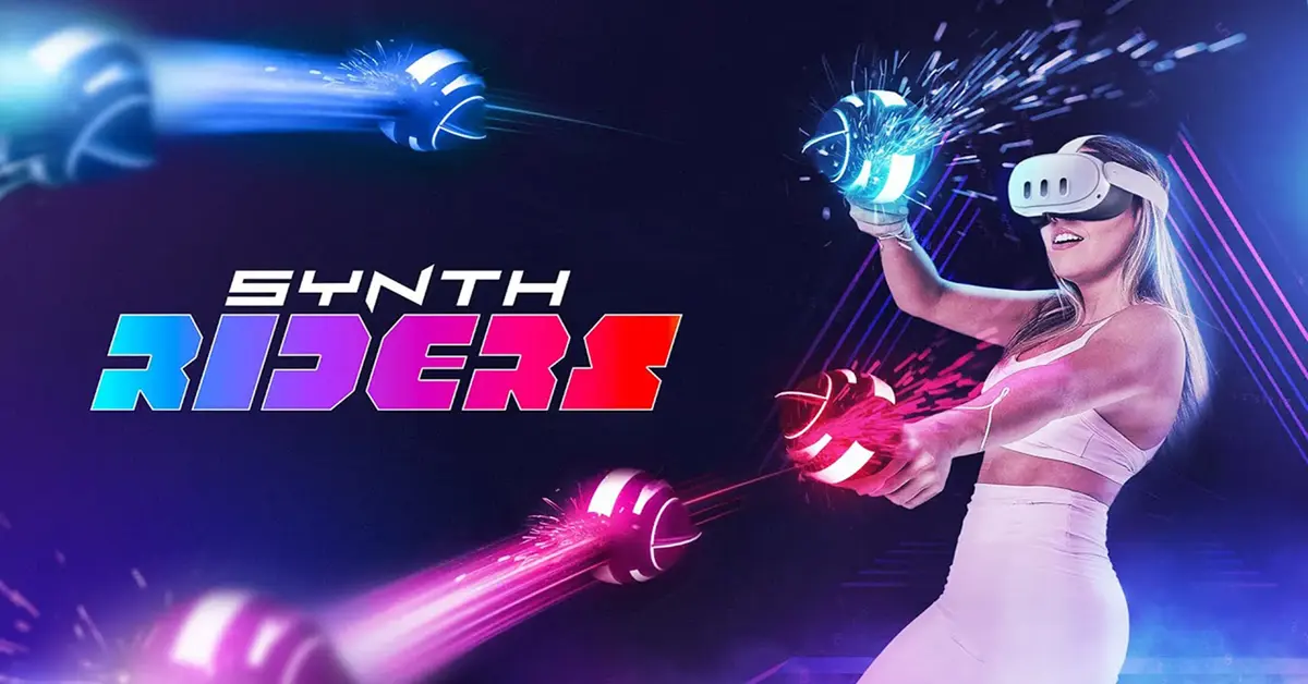 Um jogador com óculos de RV a atingir orbes de néon coloridos no ambiente cyberpunk de Synth Riders.