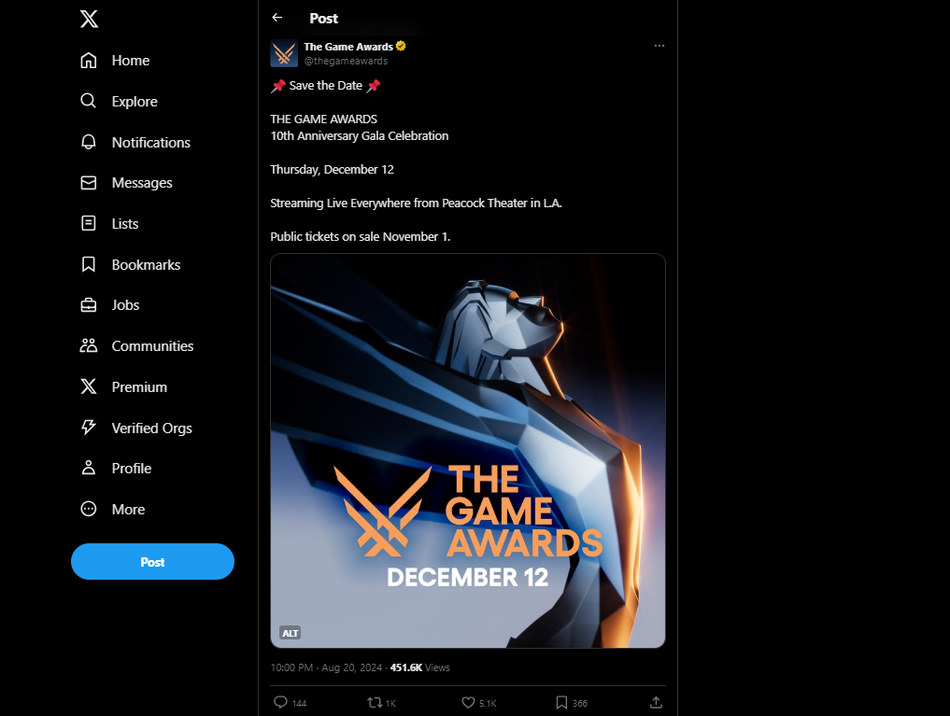 Anúncio no Twitter do The Game Awards 2024