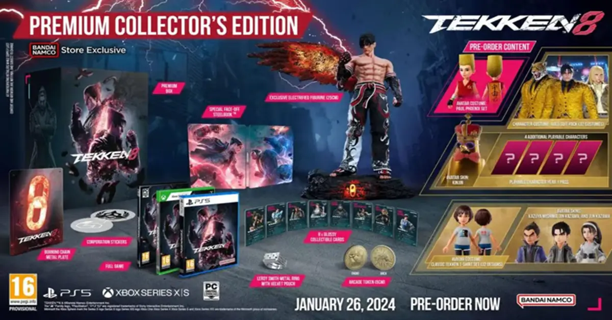 Comparação lado a lado dos modelos de personagens padrão de Tekken 8 e dos itens de personalização de avatar premium do Fight Pass.